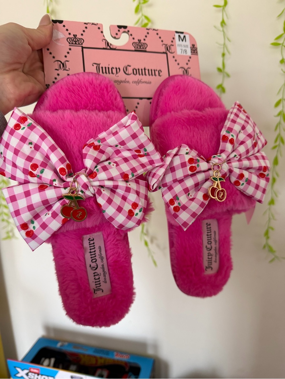 Juicy Couture Hot Pink Fuzzy Slide Slippers with Gingham Bow & Cherry Charm